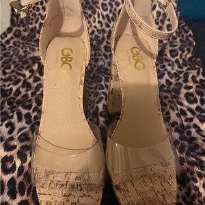 G by Guess Beige Clear-Strap Cork Platform Sandals